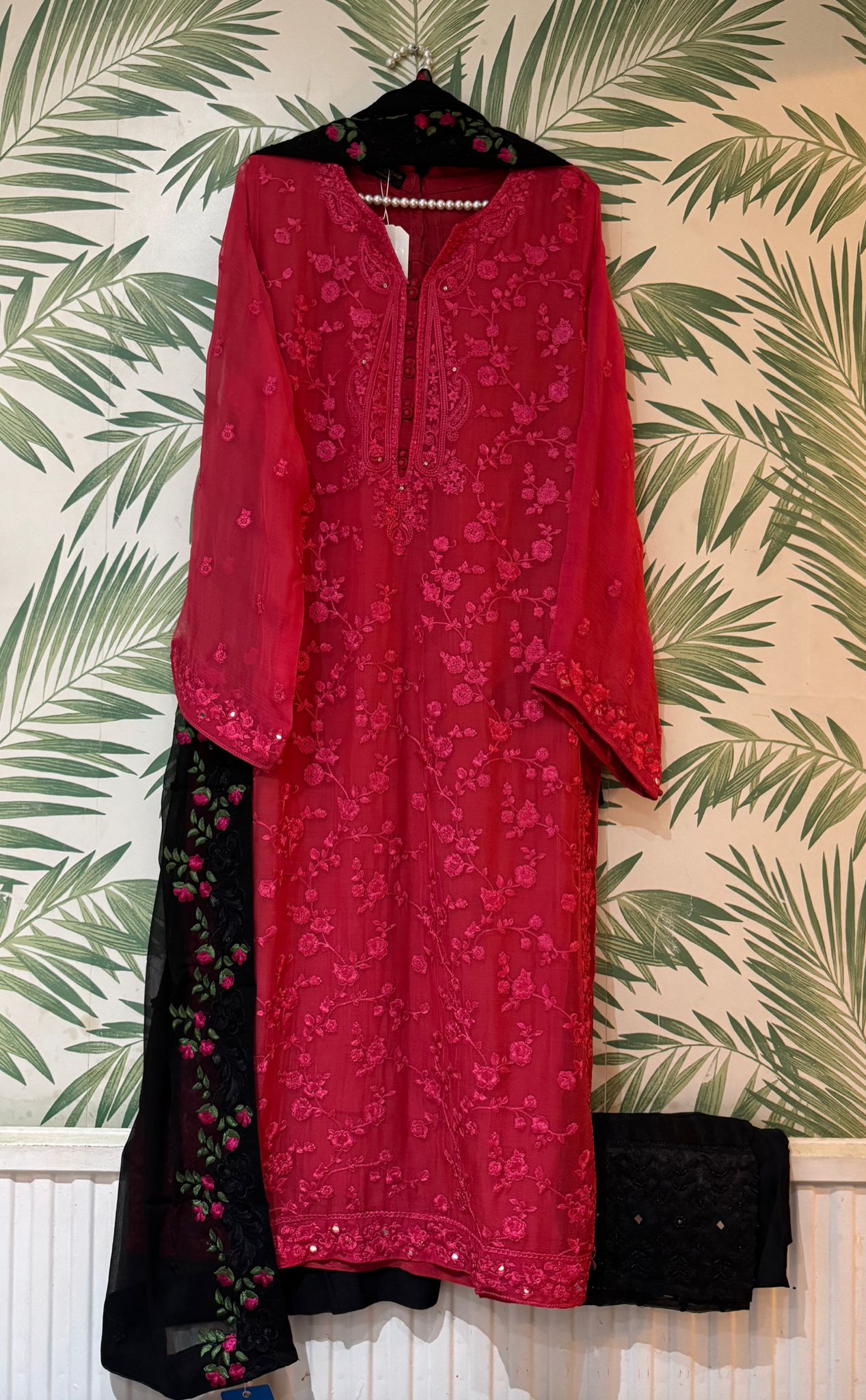 Aghanoor Raspberry Chiffon Mirror Embroidered 3 Piece Suit