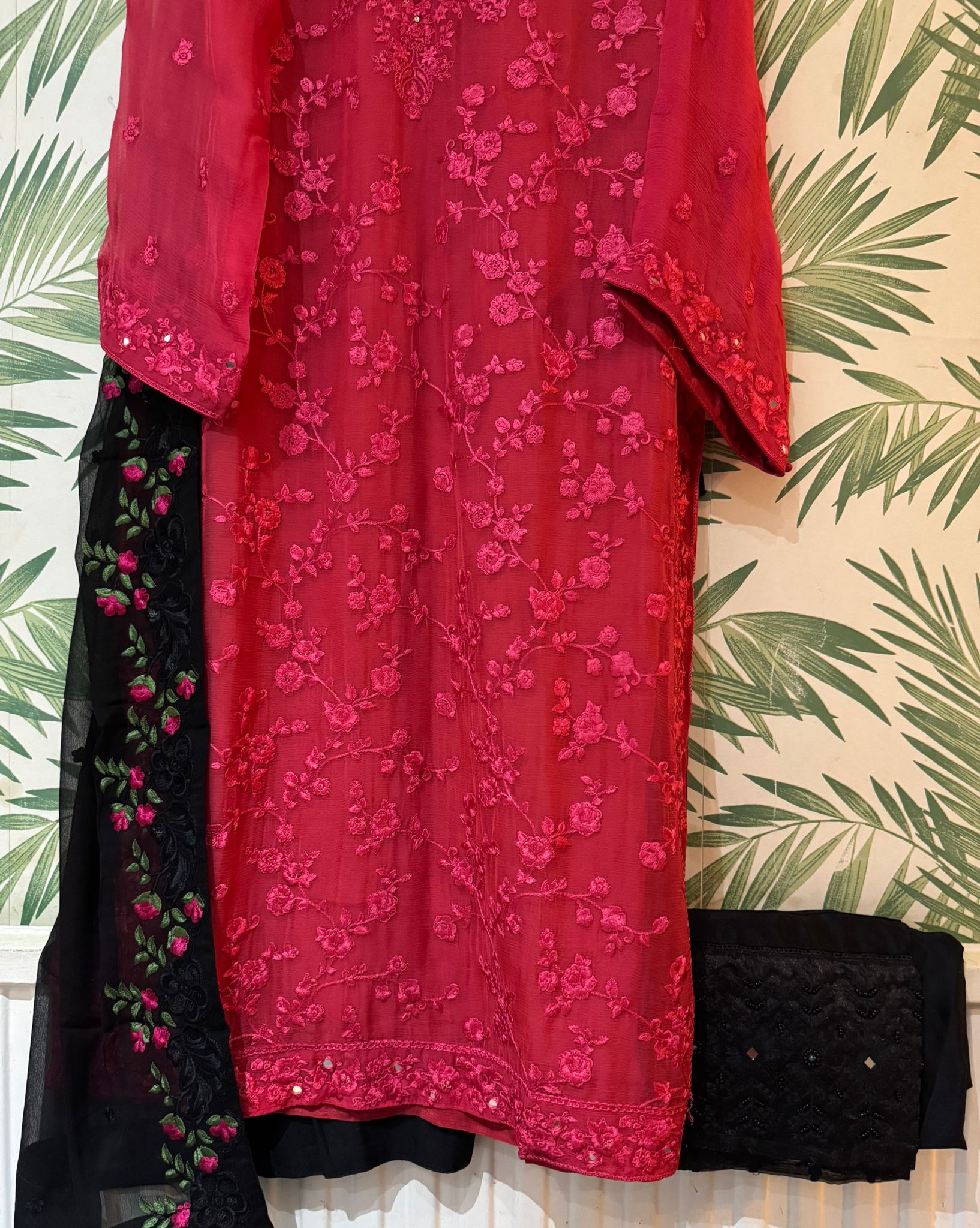 Aghanoor Raspberry Chiffon Mirror Embroidered 3 Piece Suit