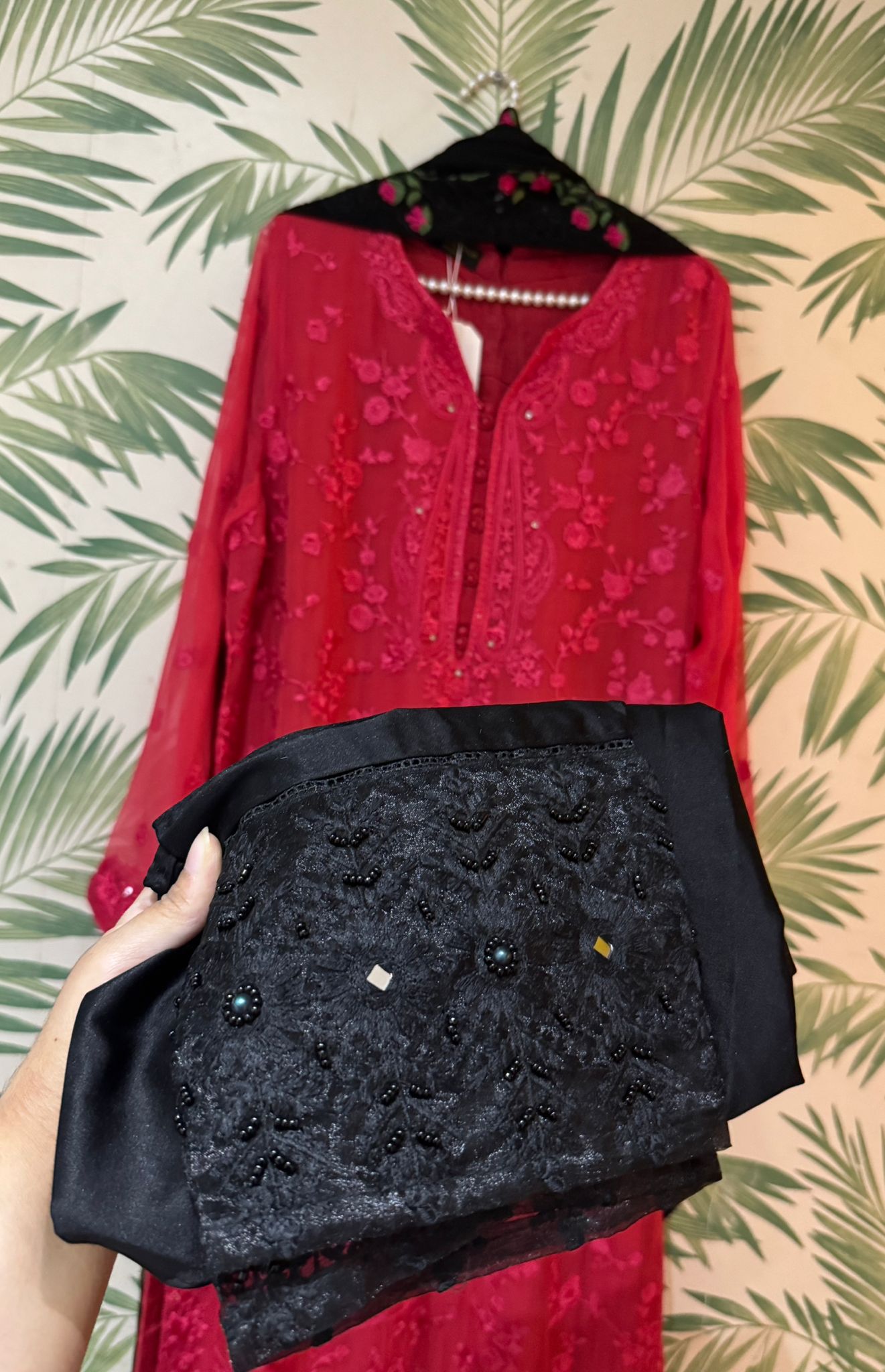 Aghanoor Raspberry Chiffon Mirror Embroidered 3 Piece Suit