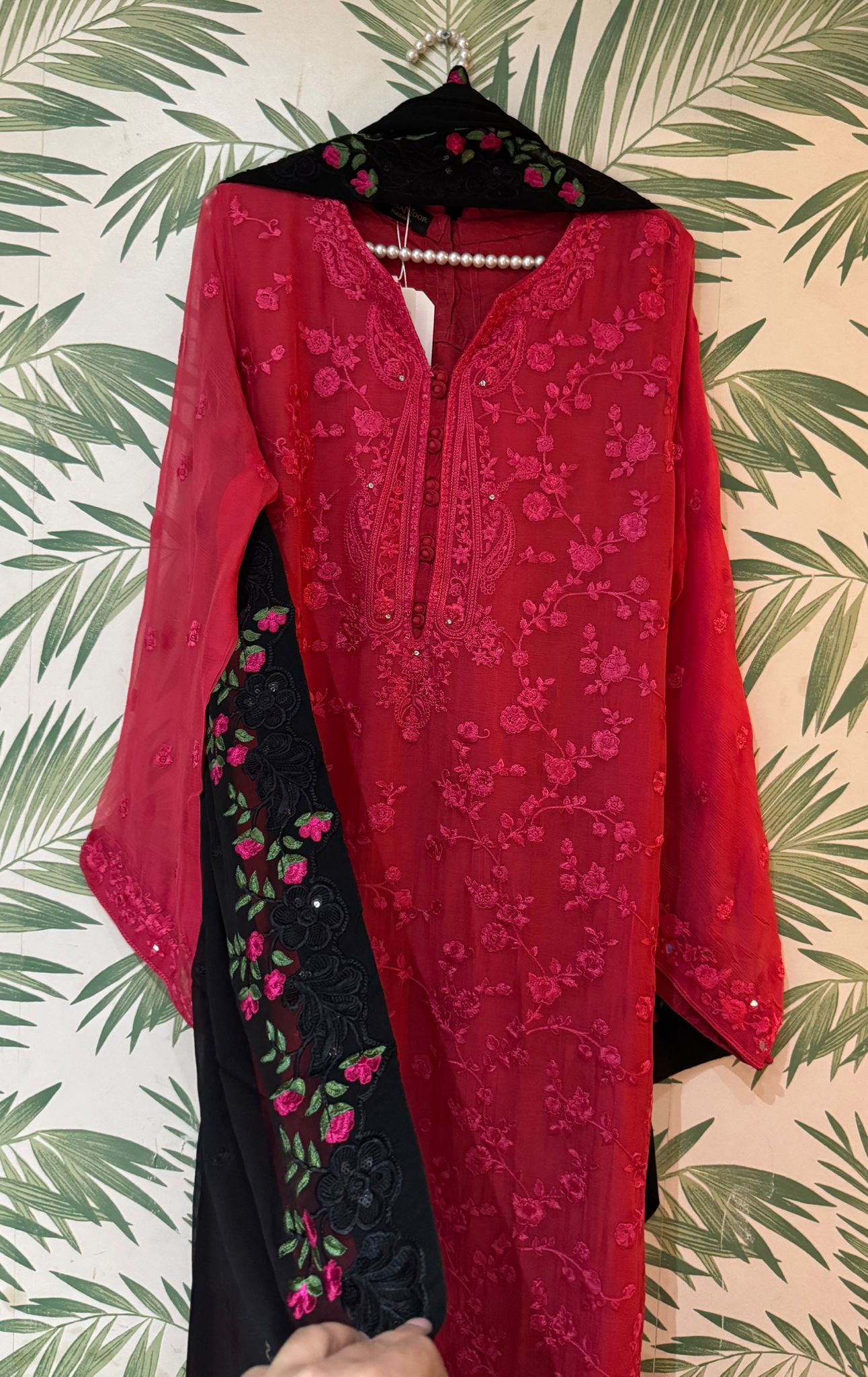 Aghanoor Raspberry Chiffon Mirror Embroidered 3 Piece Suit
