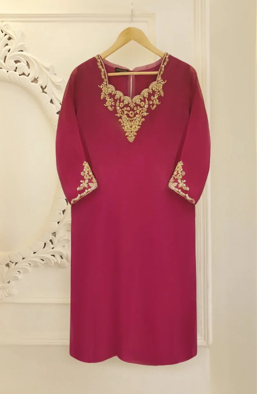 Aghanoor Hot Pink Hand Zari Work 3 Piece Suit