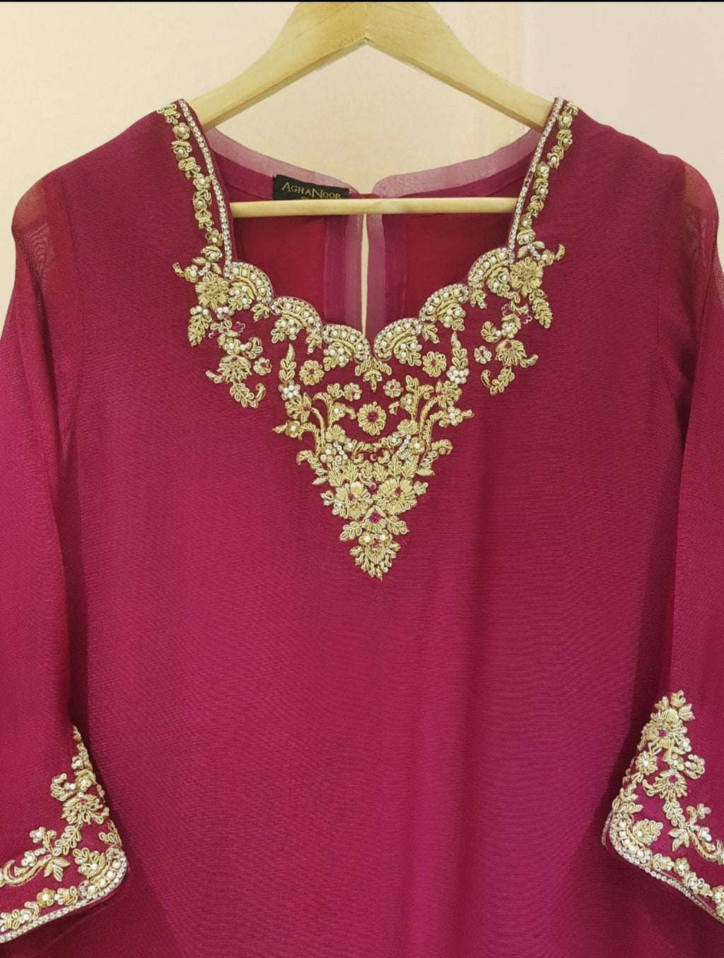 Aghanoor Hot Pink Hand Zari Work 3 Piece Suit