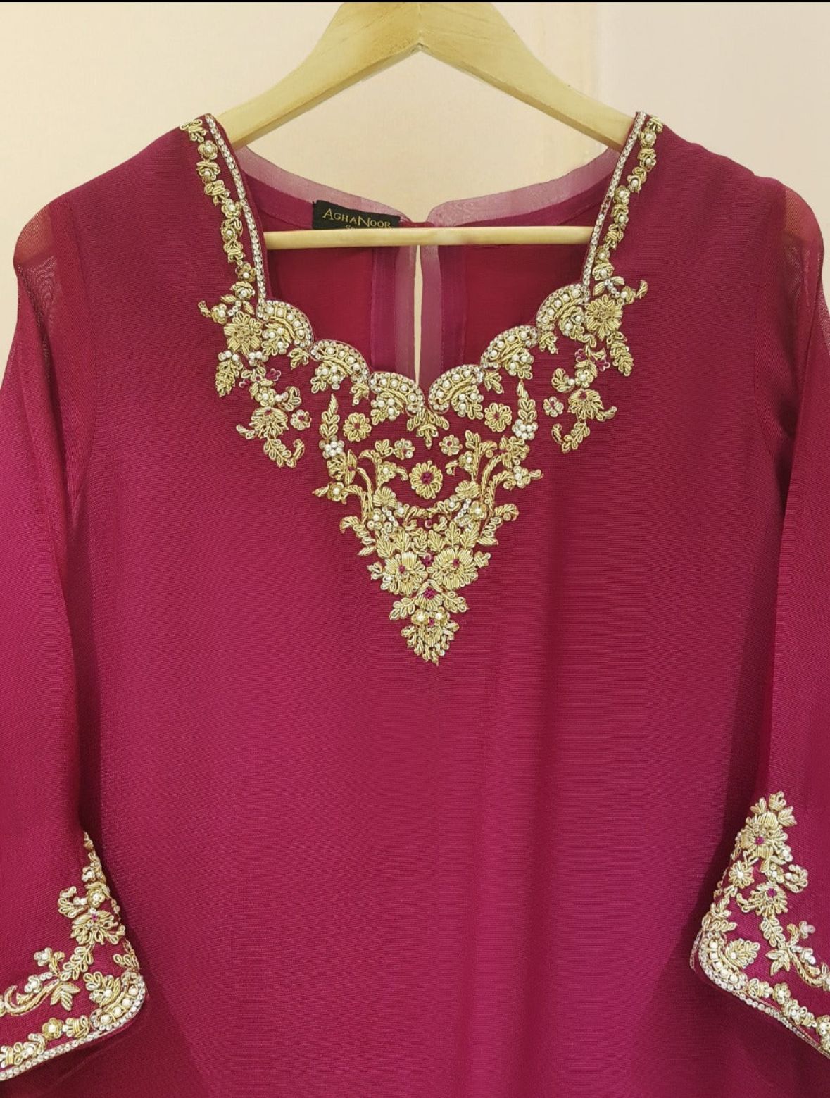 Aghanoor Hot Pink Hand Zari Work 3 Piece Suit